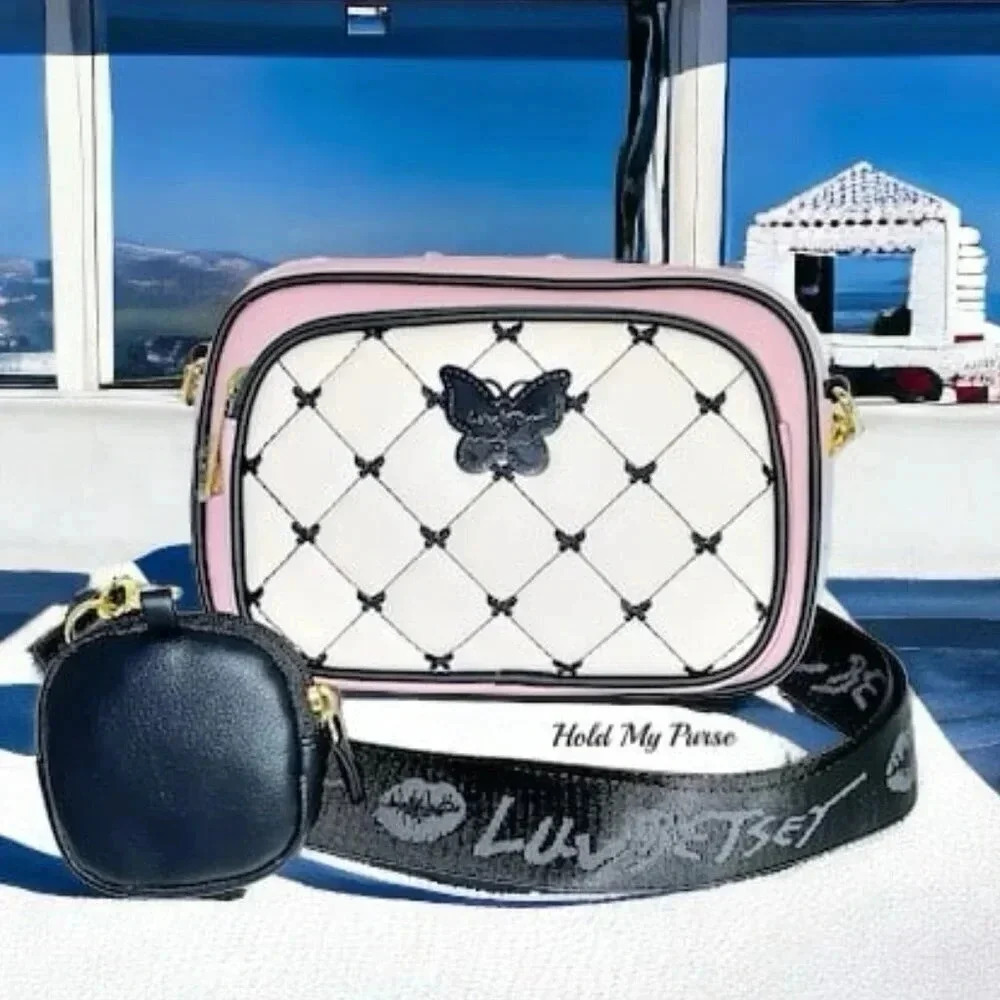 Betsey Johnson Butterfly Quilted Pink Camera Bag & Key Fob Coin Purse NWT - Picture 2 of 10